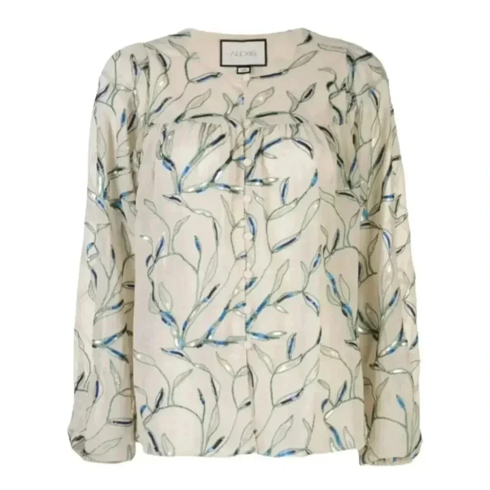 Alexis Valez Long-Sleeve‎ Sheer Sequin Printed Top White XS NWT